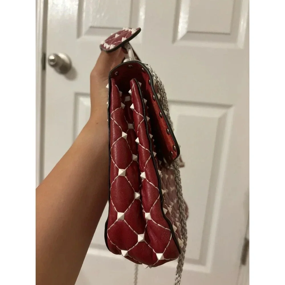 Valentino Rockstud Spike Red White Quilted Handle Shoulder chain Bag.
